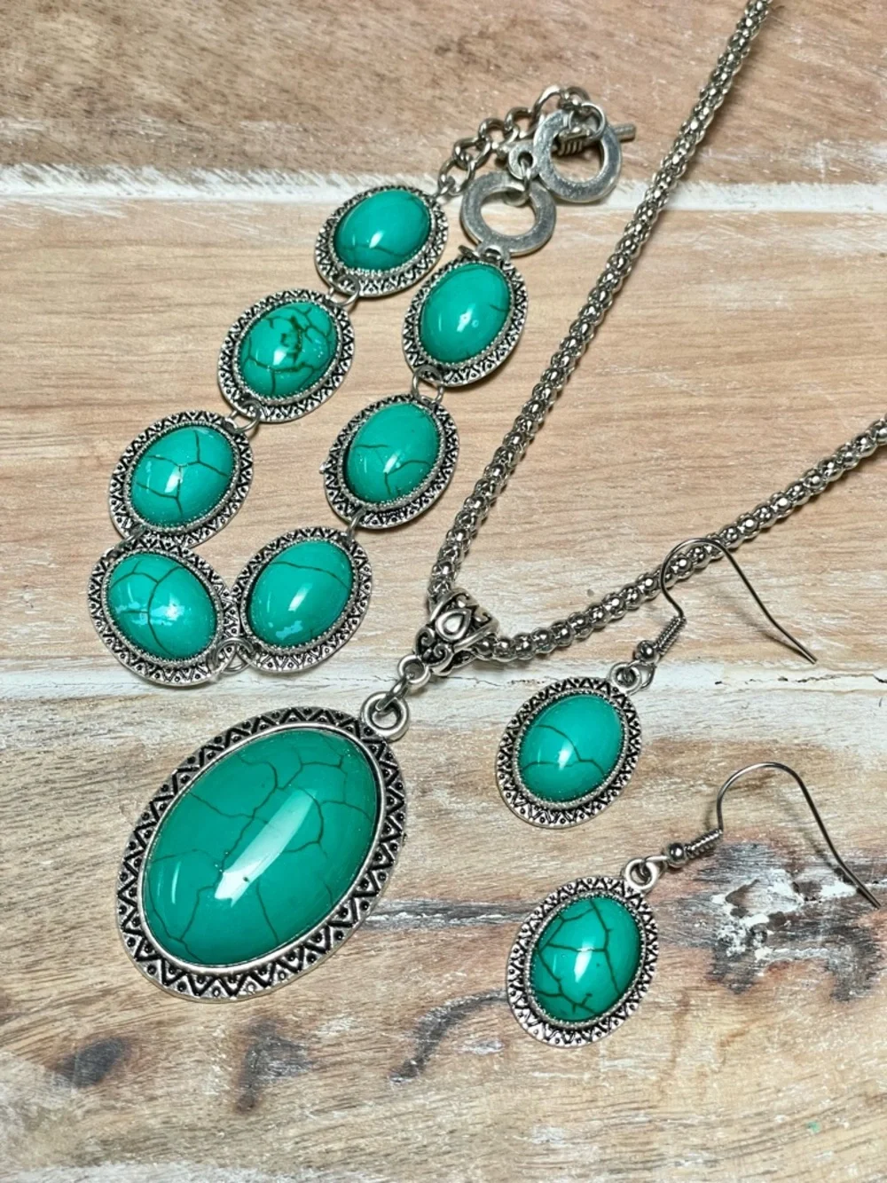 Turquoise Oval Pendant Necklace and Earring Set - Silver-Tone